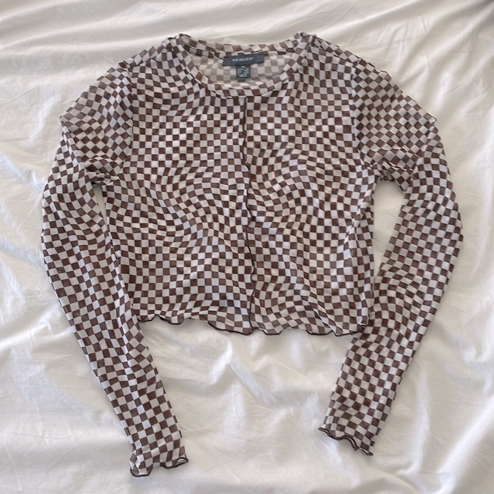 Primark wavy checkerboard mesh sheer cropped long sleeve
